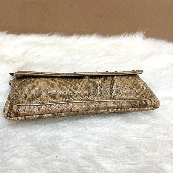 KATHY VAN ZEELAND Olive & Gold Snakeskin Embossed Studded Vintage Flap Clutch/XB - Picture 4 of 13